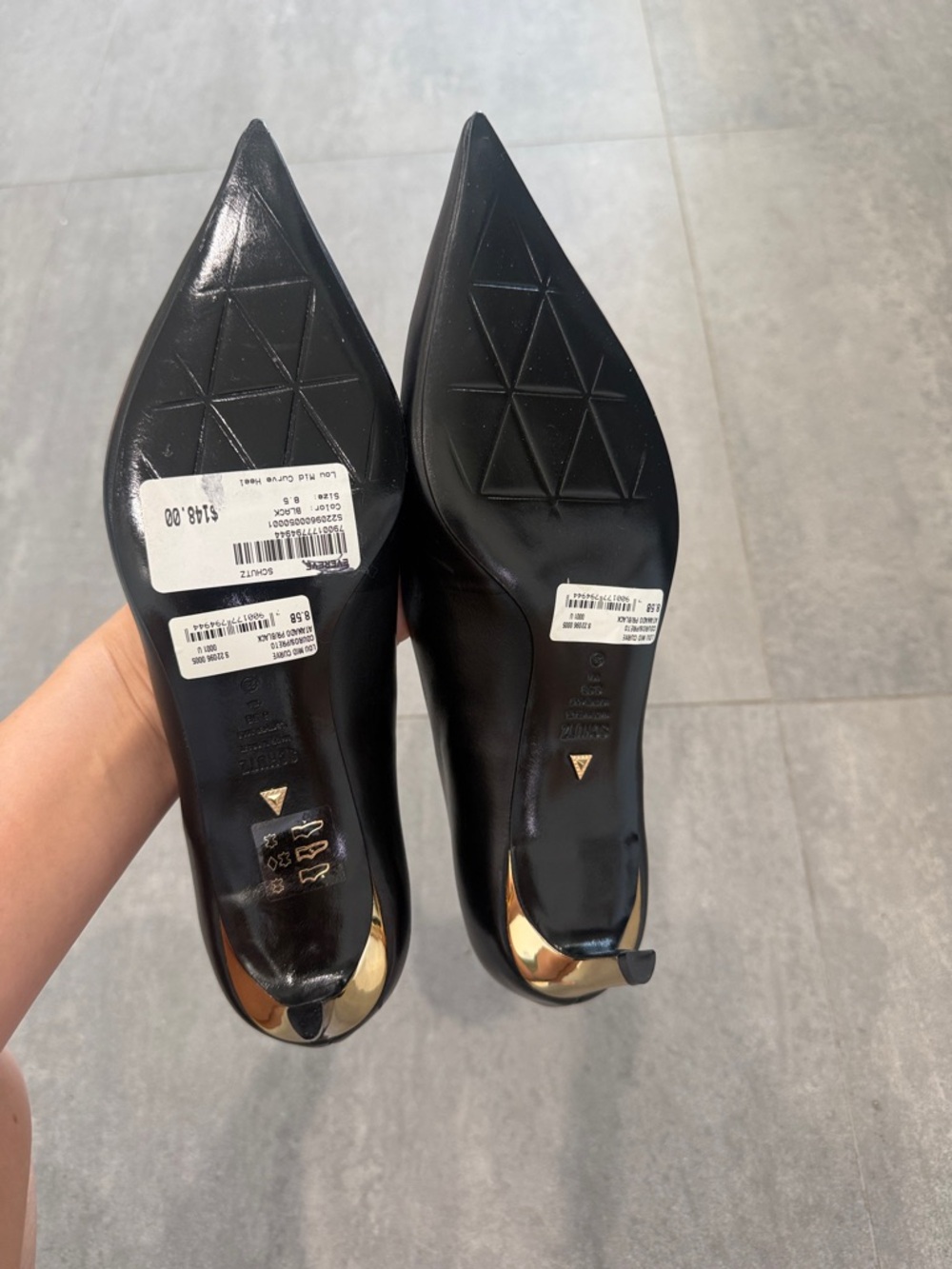 SCHUTZ New in Box Lou Mid Curve Pump Heel Black Leather with Gold Heel // 8.5 - Picture 4 of 4